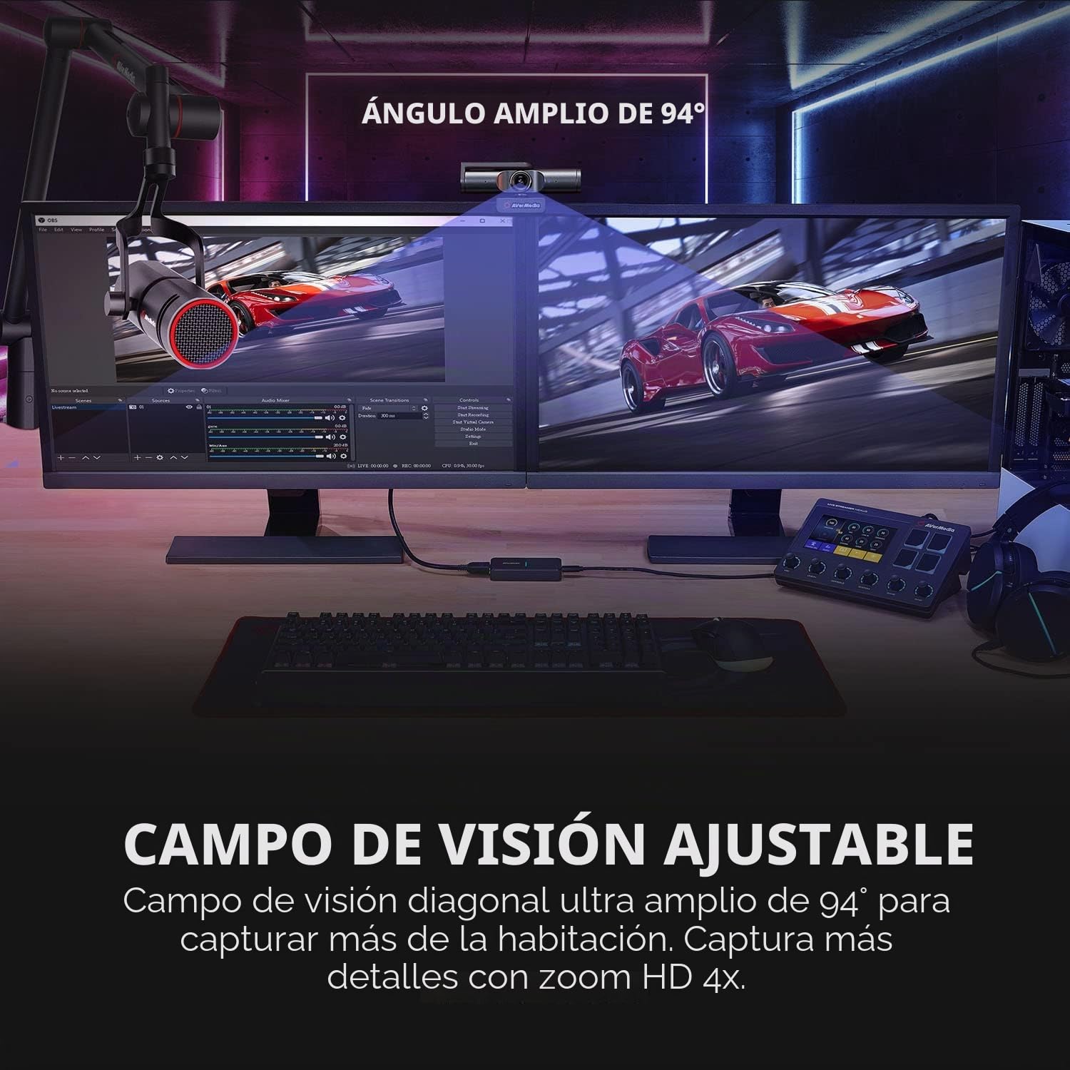 AVerMedia Live Streamer CAM 513 - Cámara web 4K de gran angular con cubierta para cámara web, micrófono incorporado, Plug & Play para iluminación interior, juegos, transmisión, videollamadas