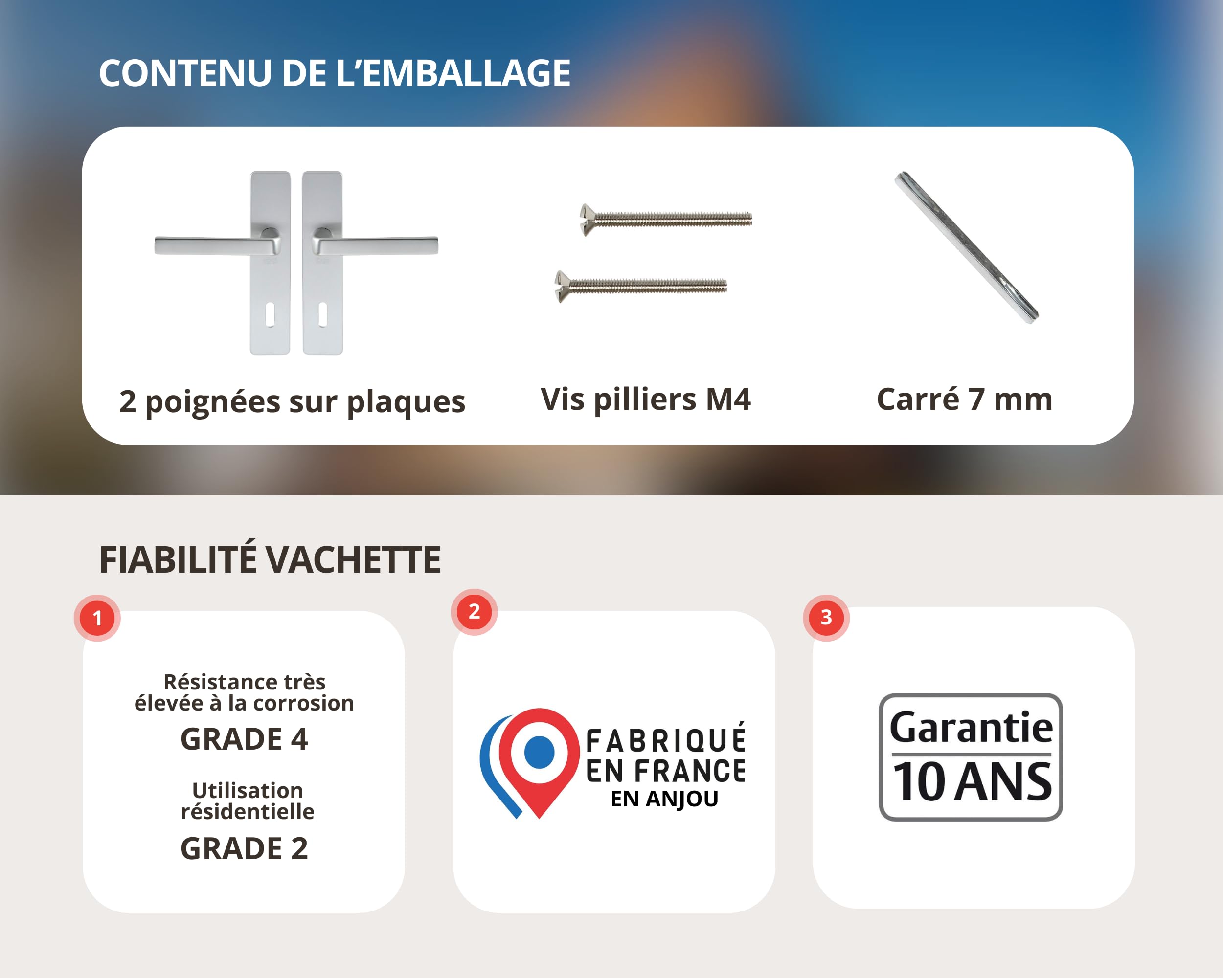 Vachette Set de Poignée de Porte sur Plaque KAZA - Version Clé L pour Porte de Chambre et de Bureau - Entraxe 165 mm - Matériau Aluminium Résistant - Garantie 10 Ans - Finition Argent