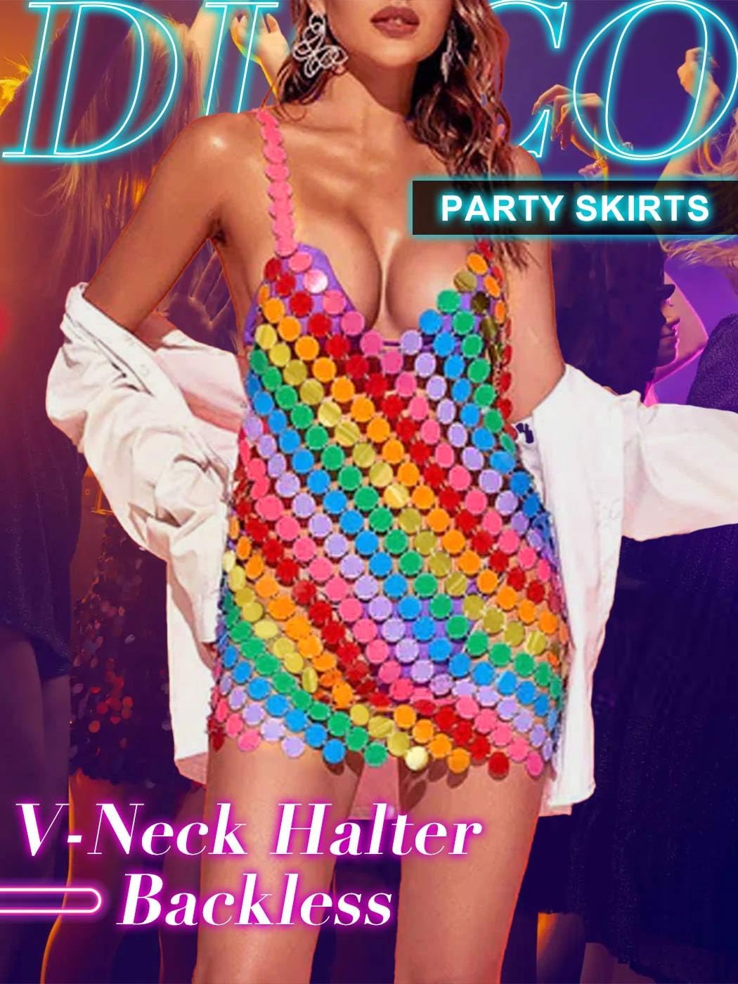 Nicute Sequin Rainbow Dress Sparkly V Neck Disco Sleeveless Chainmail Dress Hollow Out Summer Bikini Dresses for Women