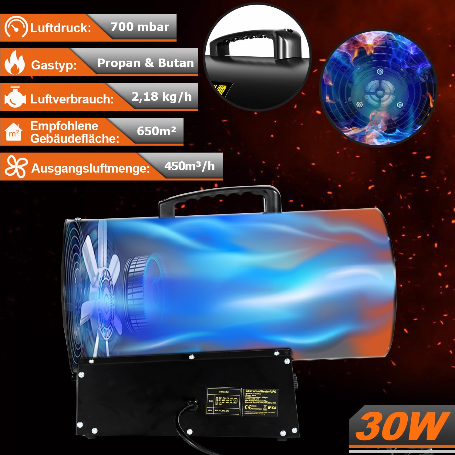 Gasheizgebläse Heizkanone Gasheizer mit 1,2m Gasschlauch und 700 mbar Druckminderventil Edelstahl Gasheizgebläse, 220V Piezozündung und Tragegriff (30KW)