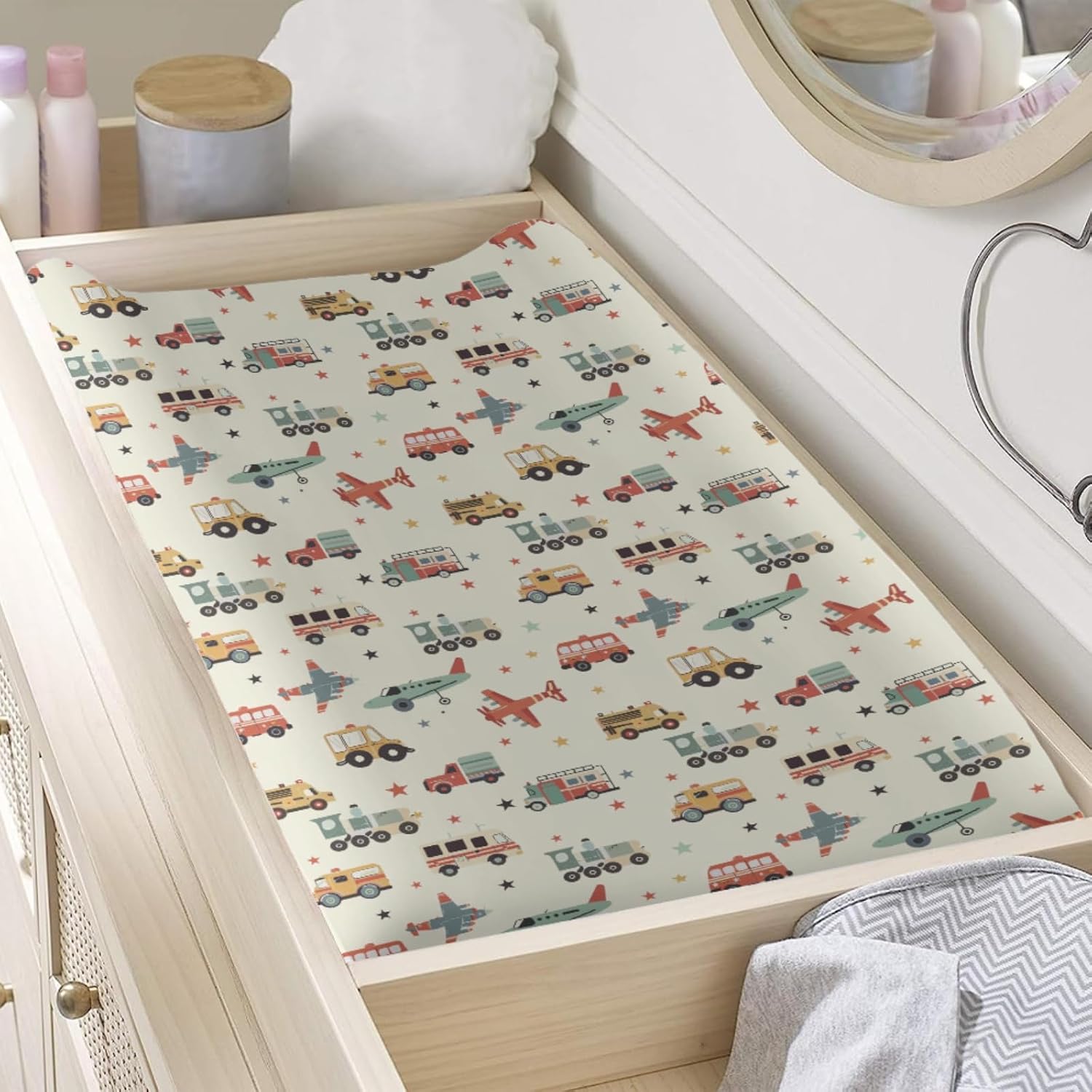 Cartoon Car Planes Trucks Train Pattern Baby Changing Pad Cover, Unisex Transportation Construction Car Nursery Diaper Changing Table Pad Mat Sheet for Boys Girls-16x32