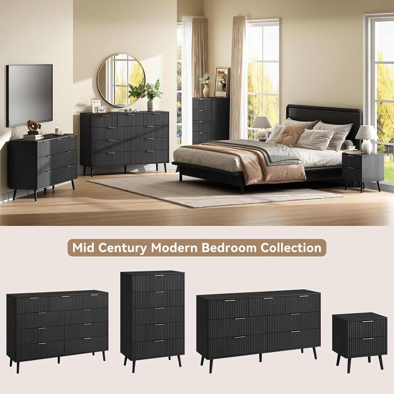 CARPETNAL Fluted 7 Drawer Dresser for Bedroom, 55" Wide Wooden Chest of Drawers with Rounded Corners, Gold Handles, Modern Storage Organizer for Bedroom, Hallway(Black)