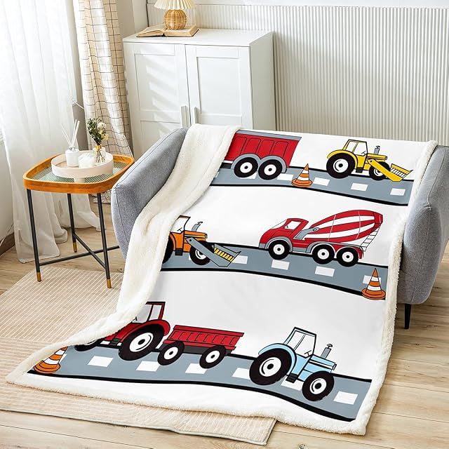 Loussiesd Boys Throw Blanket for Couch Bed Sofa Cartoon Construction Cars Fleece Blanket Decorative Abstract Vehicles Sherpa Blanket Excavator Tractor Fuzzy Blanket Baby 30"x40" Plush Blanket