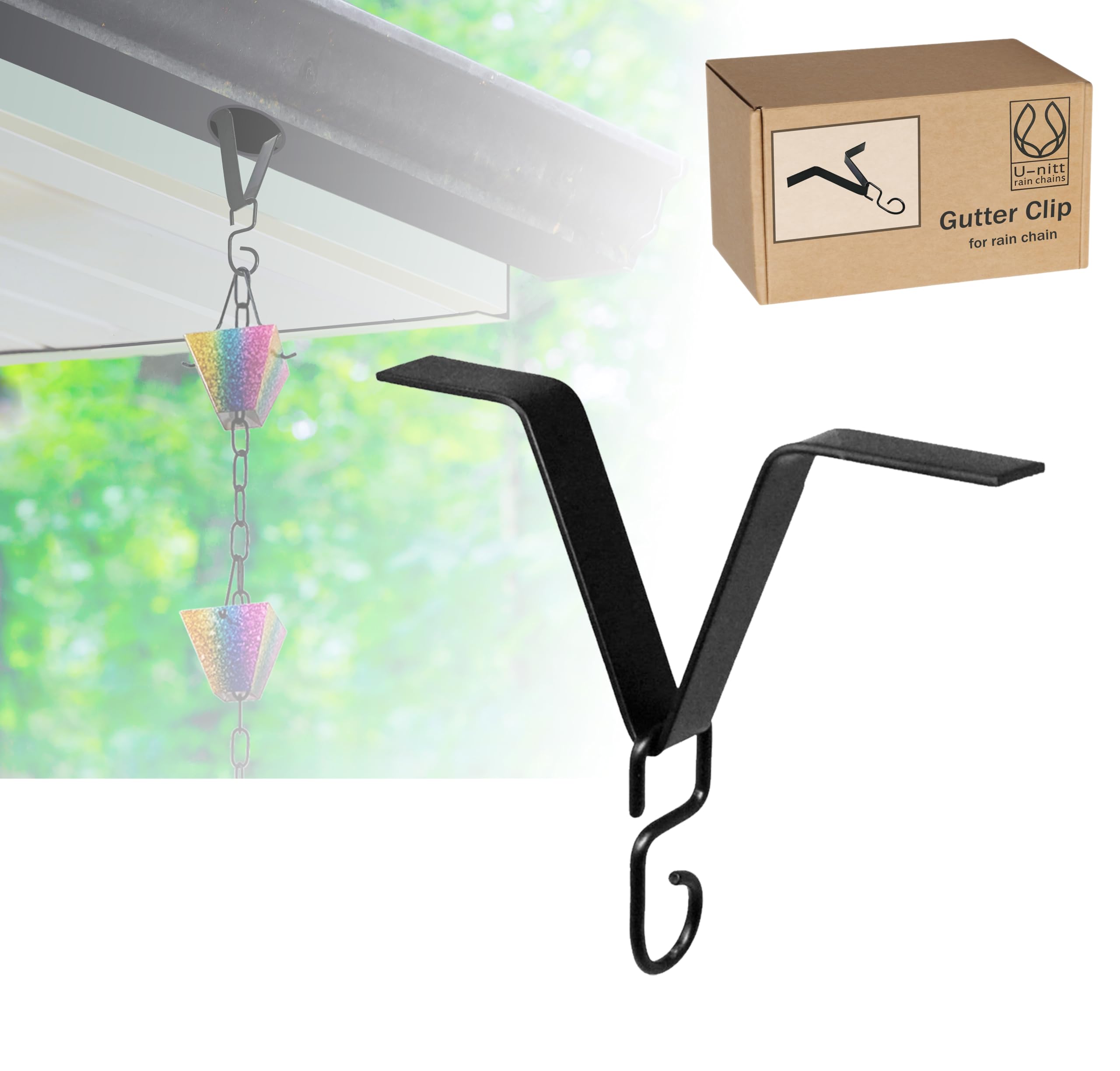 U-nitt Gutter Clip for Rain Chain Installation DIY | Gutter Adapter for Roof Downspout Chain | Water Collection | Black, Heavy Metal, 6 X 5 inches, Adjustable, Fits 2 in Gutter Hole