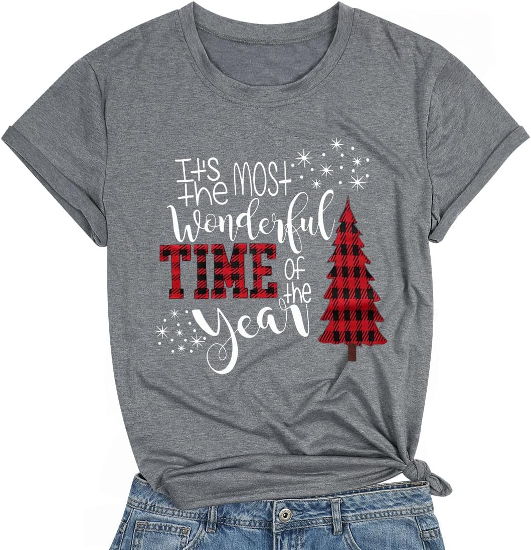 DESFSEMerry Christmas Shirts for Women Christmas Short Sleeve Tshirt Xmas Buffalo Plaid Tree Cute Graphic Print Tee Tops