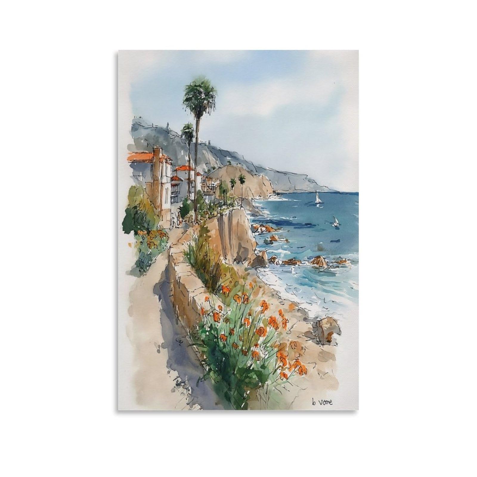 CNAHEIZ La Jolla Coast 20x30inch(50x75cm) Vintage Travel Poster Watercolor Canvas Art