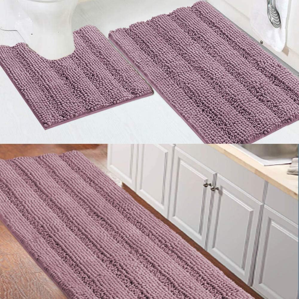 Turquoize Chenille Bath Rug Bundle Order Bath Runner 59" X 20" and Bath Toilet Rug Set 32" x 20"/20" x 20" Mauve