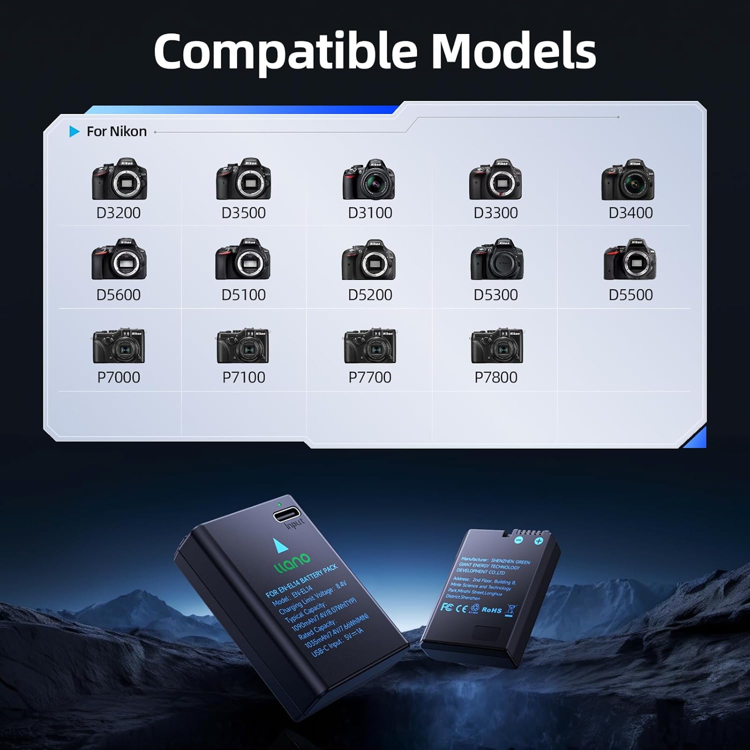 llano 2 Pack USB-C EN-EL14 EN-EL14a Battery, Fully decoded for Nikon D5600 D3500 D5300 D3400 D3200 D3100 D5500 D3300 D5200 D5100 Cameras, 1090mAh Capacity, Fast Rechargeable