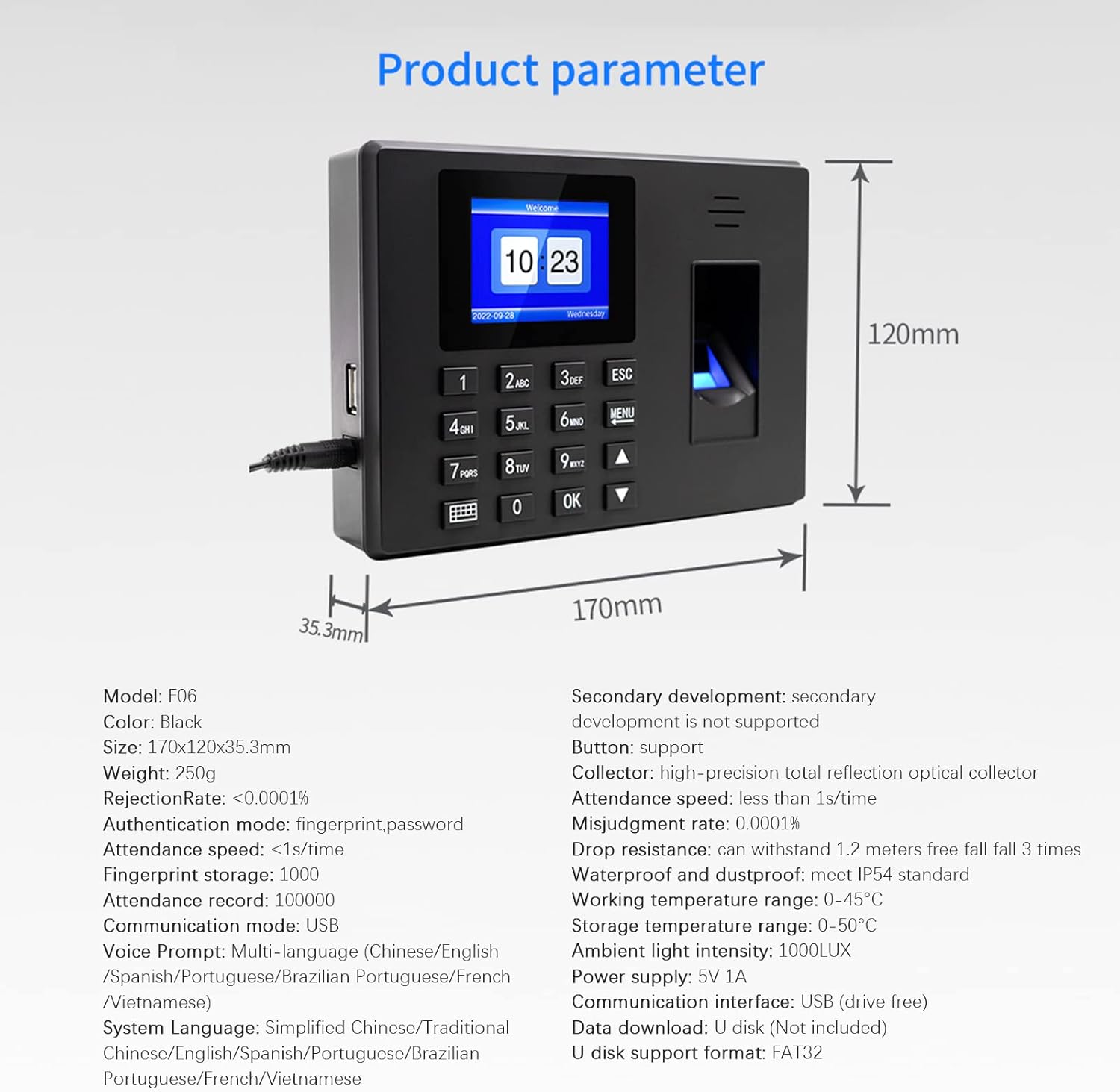 Product parameter diagram with dimensions and specifications