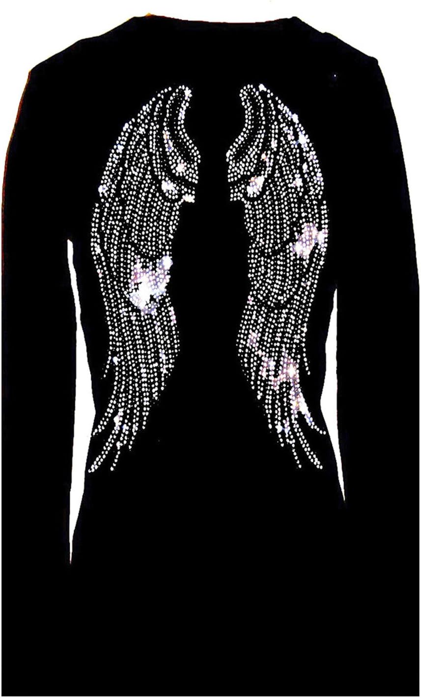 Angel Wings Rhinestone Bling Womens V Neck Long Sleeve Tee Shirt