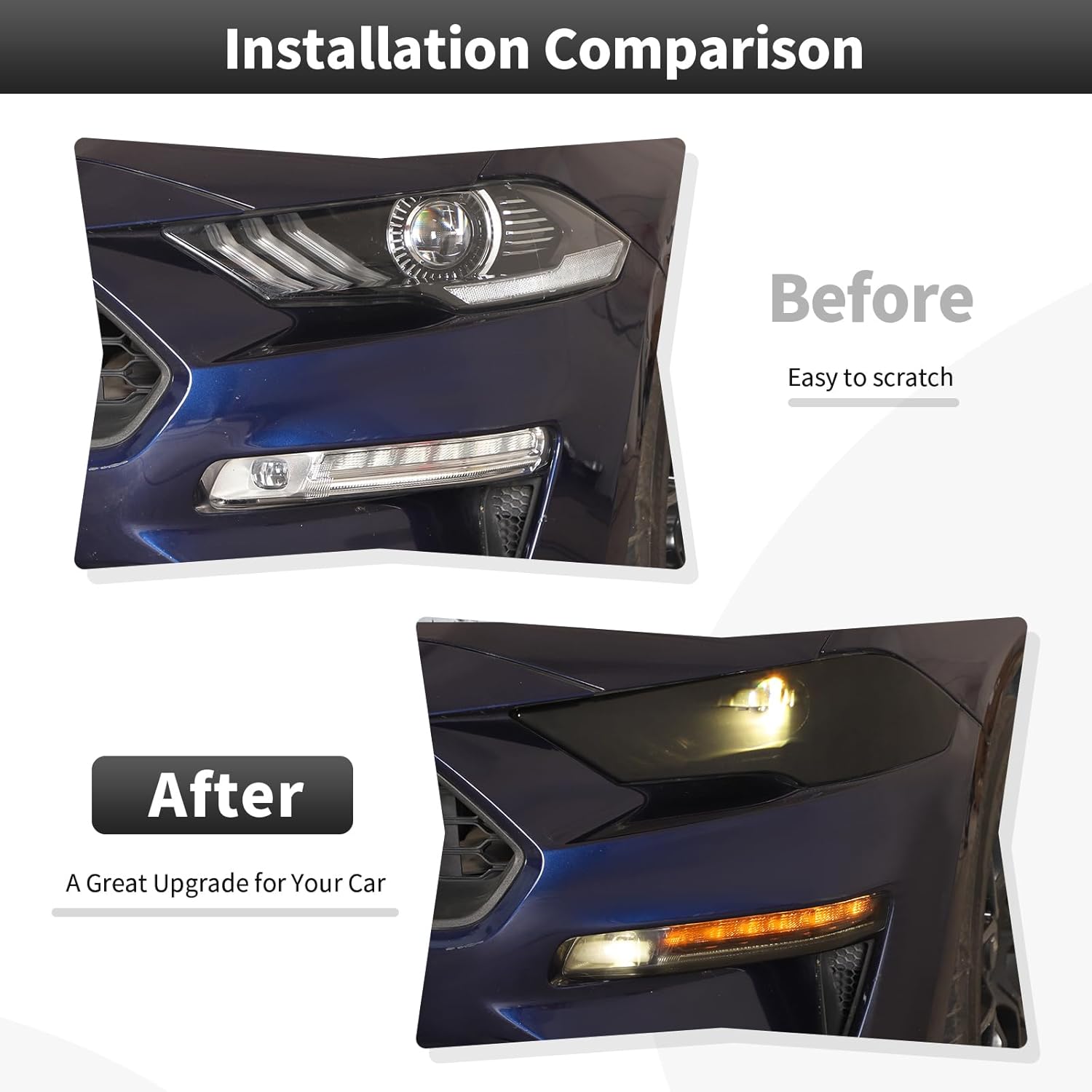 CheroCar Smoked Black Front Headlight & Fog Light Trim Cover ABS Exterior Decoration Accessories Compatible with Ford Mustang 2018-2026