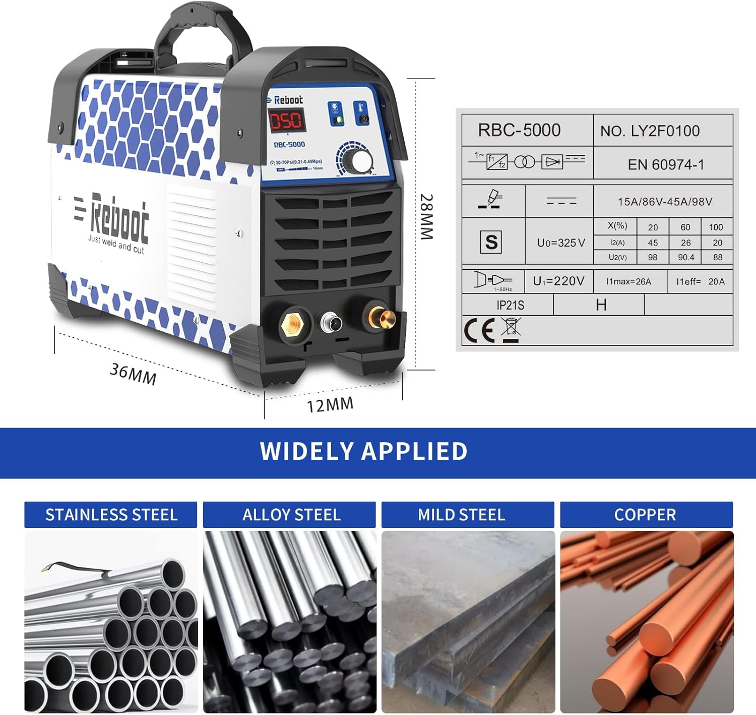 Reboot CUT50 Plasma Cutter with dimensions and technical data
