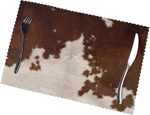 Juego de 6 manteles individuales de cuero de vaca marrón rojo y marrón, manteles individuales rectangulares lavables para mesa de comedor, manteles