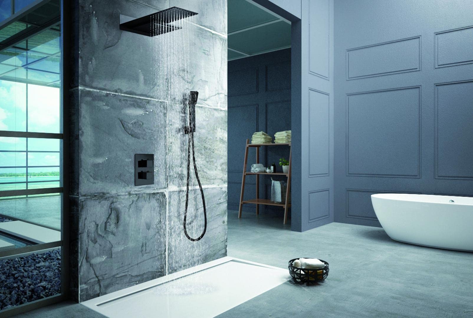 IMEX - Ducha empotrada efecto cascada y lluvia - kit termostático empotrado pared, sistema termostático 3 vías-Serie Rodas Negro Mate GTR049/NG