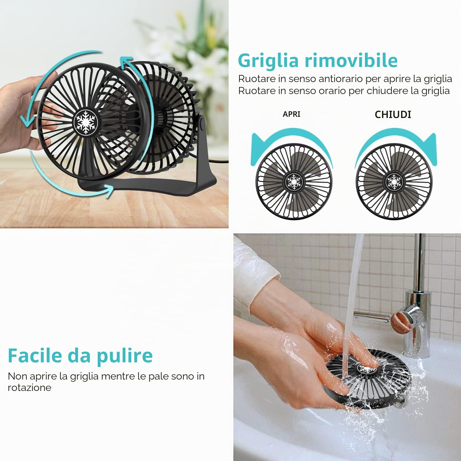 OUILA Ventilatore USB, Mini Ventilatore Portatile, 3 Velocità Regolabile & Ventilatore Silenzioso, Copertura Rimovibile Della Ventola, Alimentazione USB, Adatto per Desktop, Auto, Ufficio, Casa, Viagg