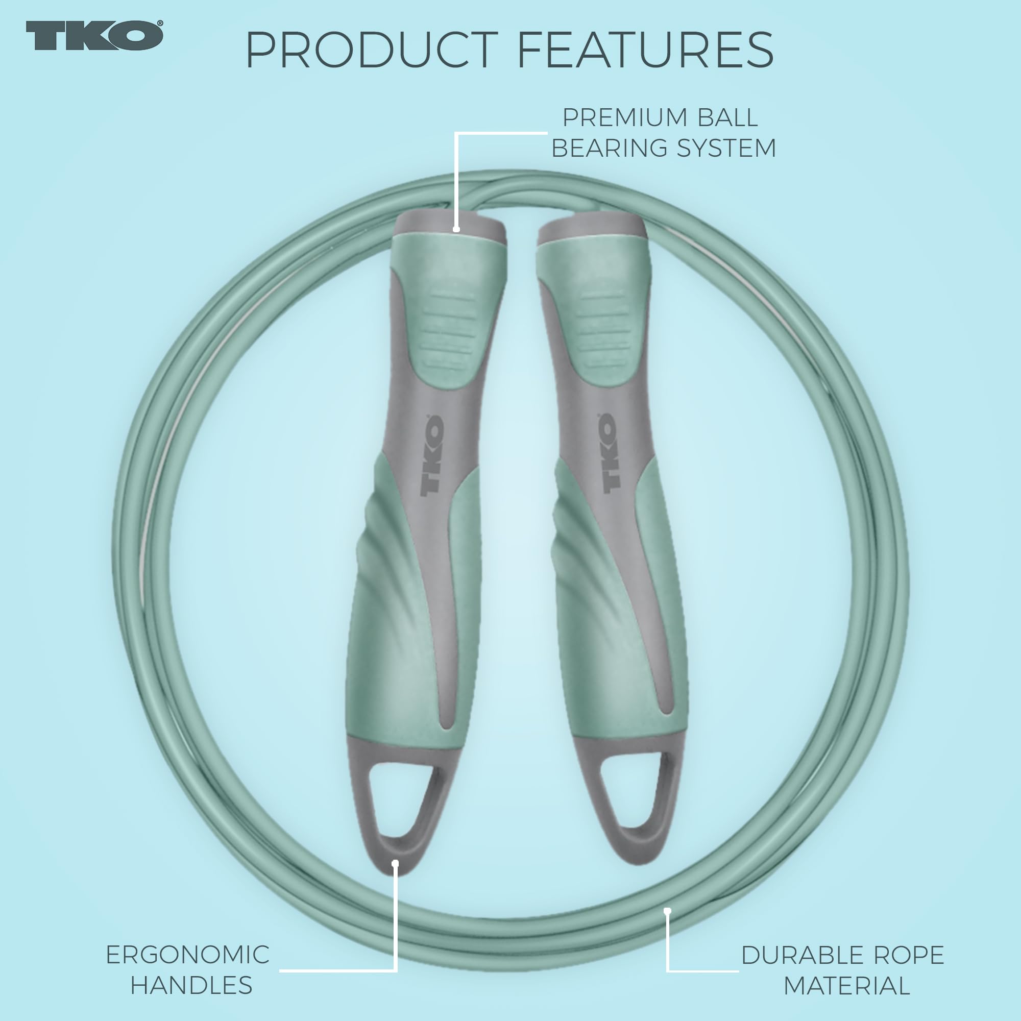 TKO Corde à sauter avec poignée ergonomique, corde à sauter en PVC sans nœuds, longueur réglable, cordes à sauter pour le fitness pour femme (menthe)