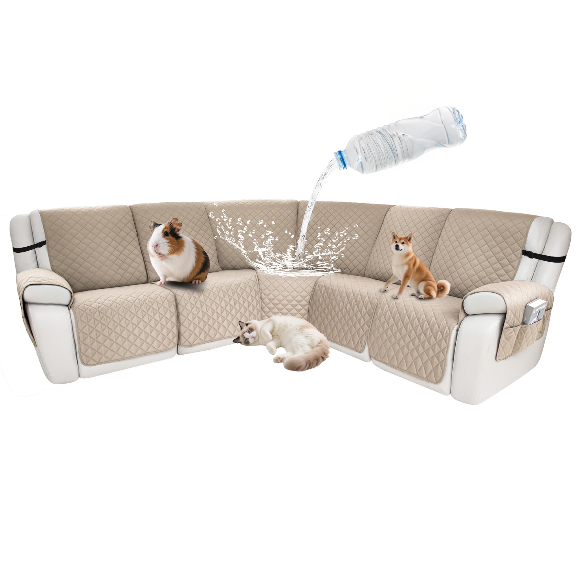 Waterproof Sectional Reclining Couch Covers L Shaped Recliner Sectional Sofa Cover 7 Piece Non Slip Washable Corner Recliner Slipcover Set for Pet Dog (5 Seater Cover, Natural)