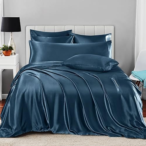 Miniatura 2 de Homiest Juego de sábanas de satén de 7 piezas, tamaño Queen, juego de sábanas de satén sedoso de lujo, 1 sábana bajera de bolsillo profundo, 1