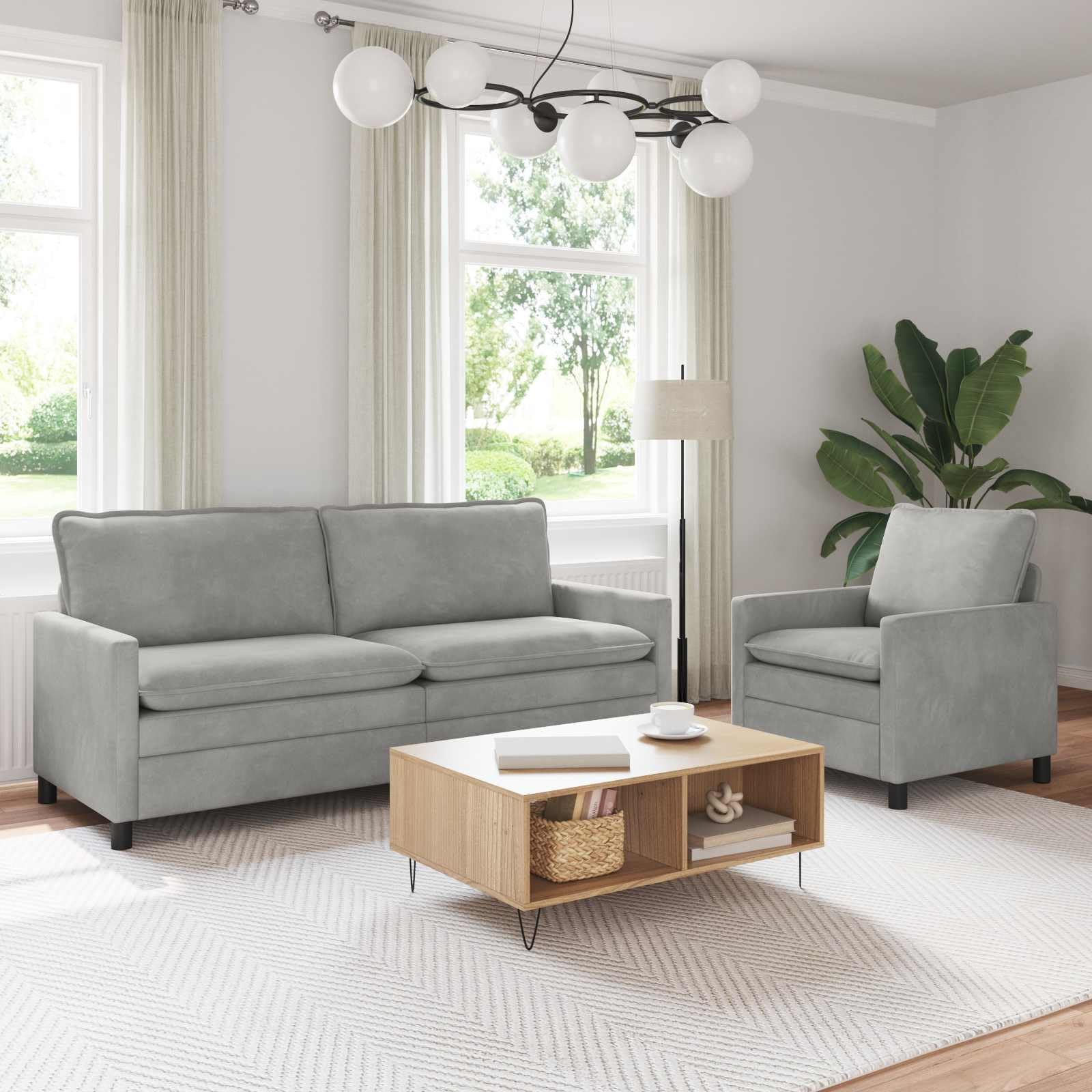 Juego de sofá de 2 piezas de terciopelo gris claro, moderno juego de sofá con 3 plazas y sillón para salón, marco de metal estable, acolchado cómodo, elegante paisaje para 4 personas