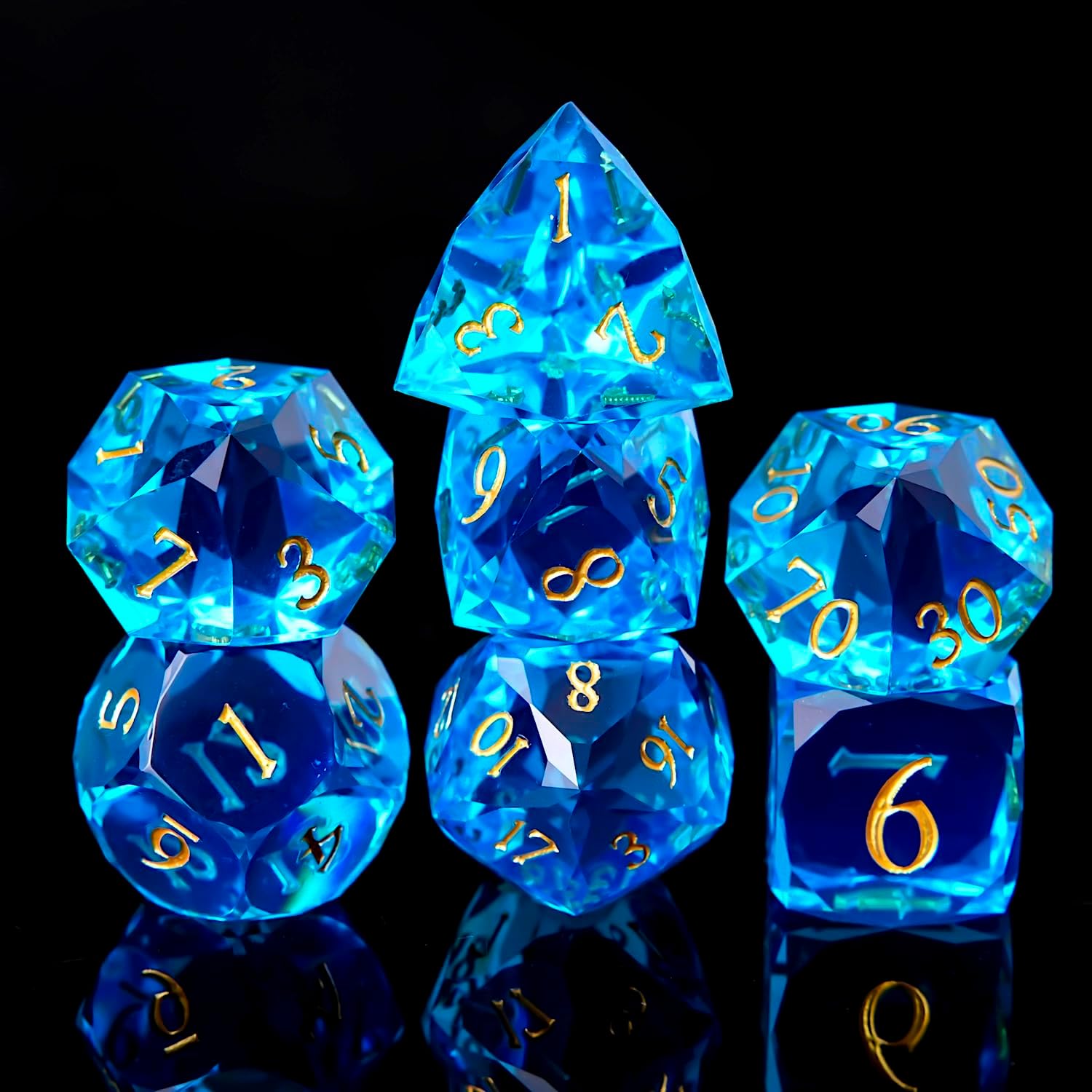 Multifaceted galss DND Dice Set 7 PCS – Transparent Polyhedral Role Playing Dice for Dungeons & Dragons, Pathfinder, RPG and Tabletop Games(Blue)