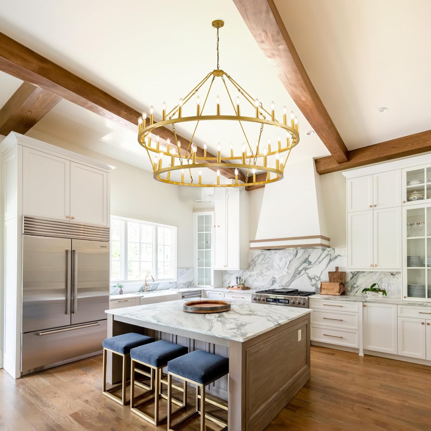 WJShome 57 Inch Gold Wagon Wheel Chandelier: A Show-Stopping 2 Tier 48-Lights Farmhouse Dining Room Light Fixture, Perfect for Rustic Kitchen Island & Extra Large Foyer Spaces!