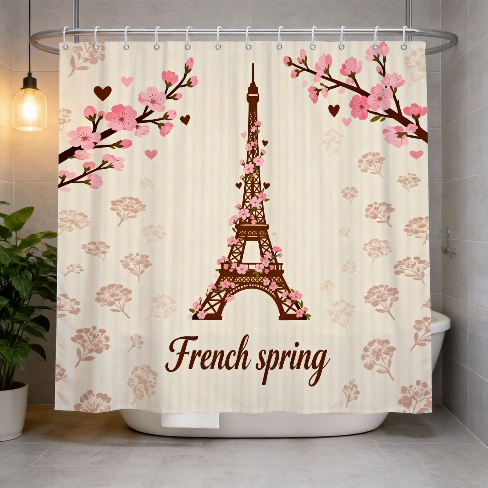 Hongduo 3D Eiffel Tower Shower Curtain for Stalls Bathtubs Floral Bathroom Decor Shower Curtain Set Polyester Fabric Waterproof 200x200cm/79X79 Inch with Hooks