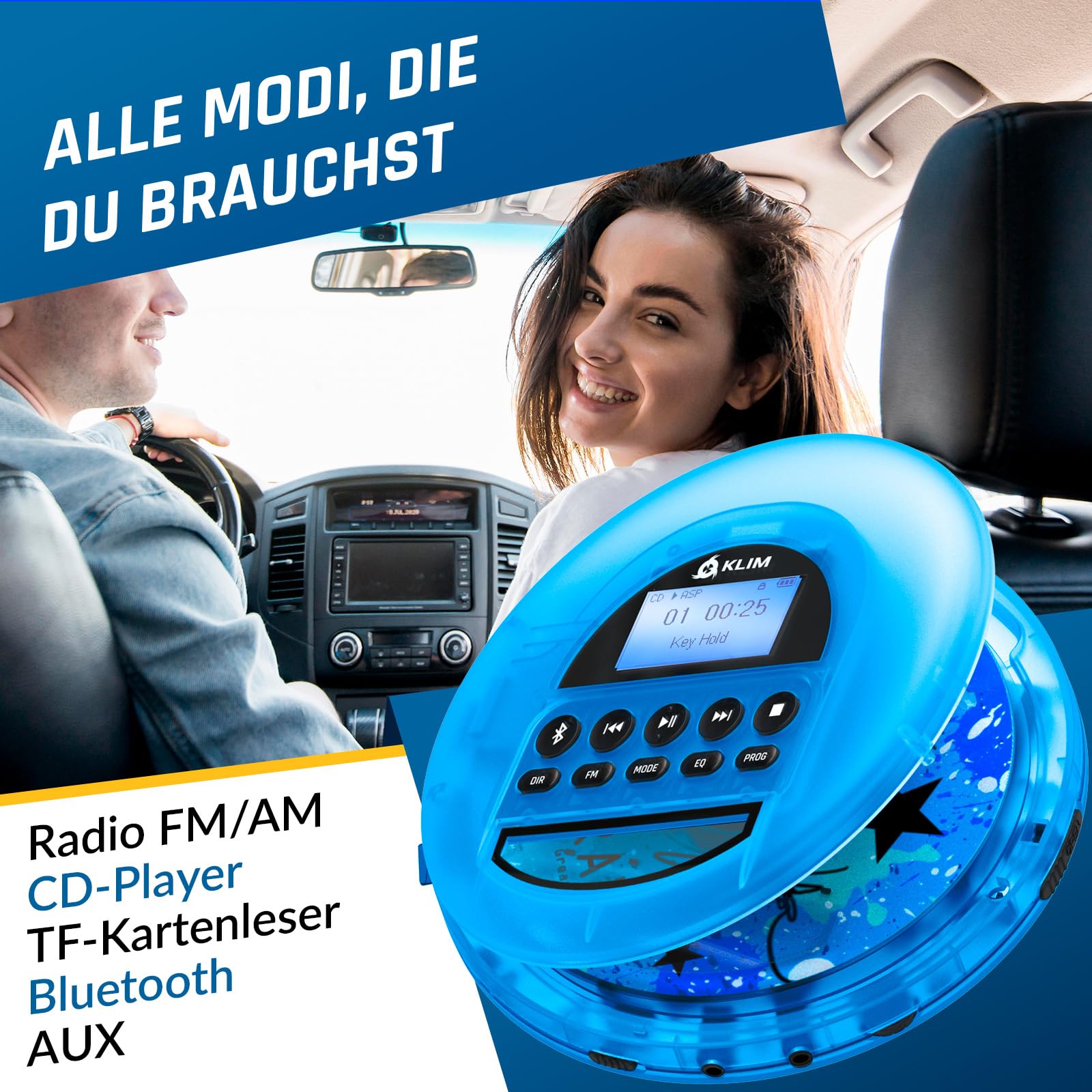 KLIM Nomad Transparent Blau - tragbarer CD-Player Walkman mit ausdauerndem Akku - inklusive Kopfhörer - MP3 Player - TF-Karte, FM Radio, Bluetooth, AUX - ideal für Zuhause und Auto