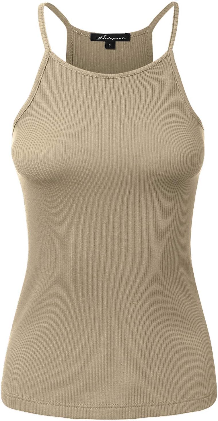 Women's High Neck Cotton Rayon Ribbed Racerback Halter Sleeveless Tank Tops Small 913-desert