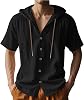 Mens Linen Hooded Shirts Short Sleeve Button Down Solid Color Loose Fit Lightweight Summer Beach Casual Tops