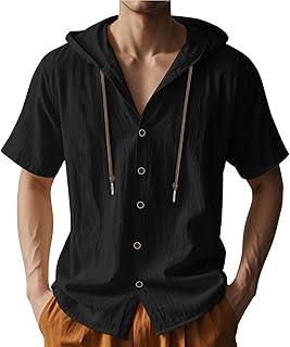 Mens Linen Hooded Shirts Summer Casual Solid Color Hoodie Comfy Loose Fit Button Down Short Sleeve Tops Lightweight - Buy now