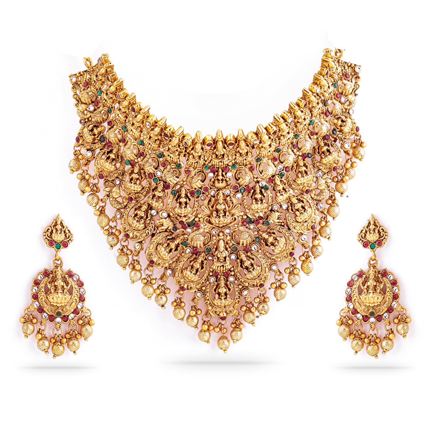 Rubans22K Gold-Plated Red, Green & White Stone Lakshmi Motif Heavy Temple Jewellery Set for Women & Girls | Traditional Bridal Necklace Set | Brass Material