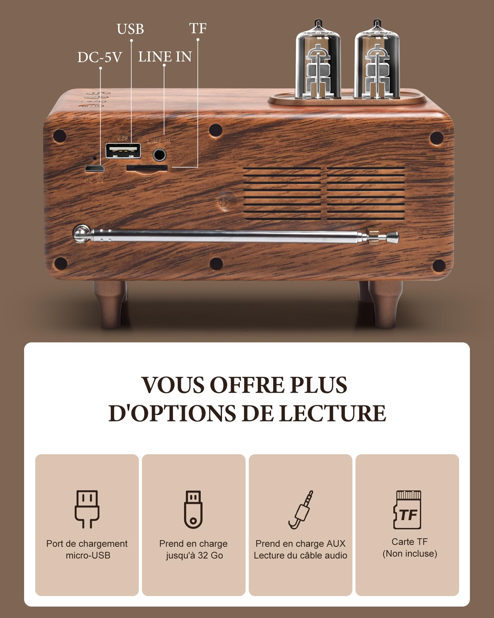 COLSUR Radio Portable Bluetooth Rétro en Vintage Classique Design Caisson de Basses Super Graves avec Radio AM FM Prise D’entrée Audio, Convient pour Les Cuisines De La Maison Et du Bureau 1500mAh