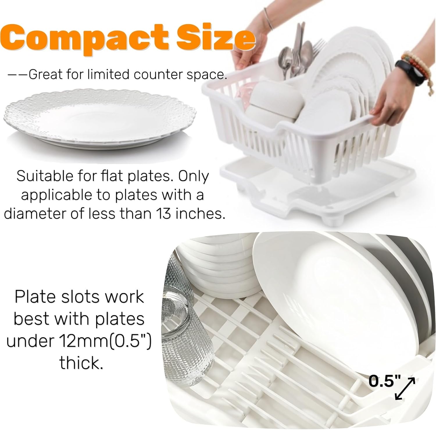 Noamus 2-Piece Plastic Dish Drying Rack, Heavy Duty Sink Set Dish Rack, White Large Drainer with Attached Drainboard Utensil Cup Holders for Home Kitchen Counter Top Organizers