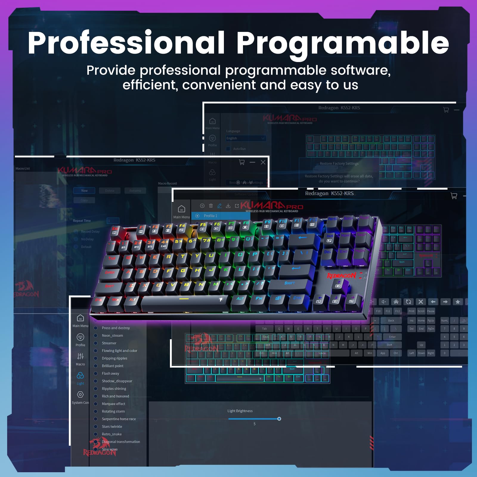 Redragon Wireless Gaming Keyboard, BT/2.4Ghz Tri-Mode Mechanical Keyboard, buit-in Battery, Programmable 87 Keys TKL, LED Rainbow Backlit - K552-KRS view 6