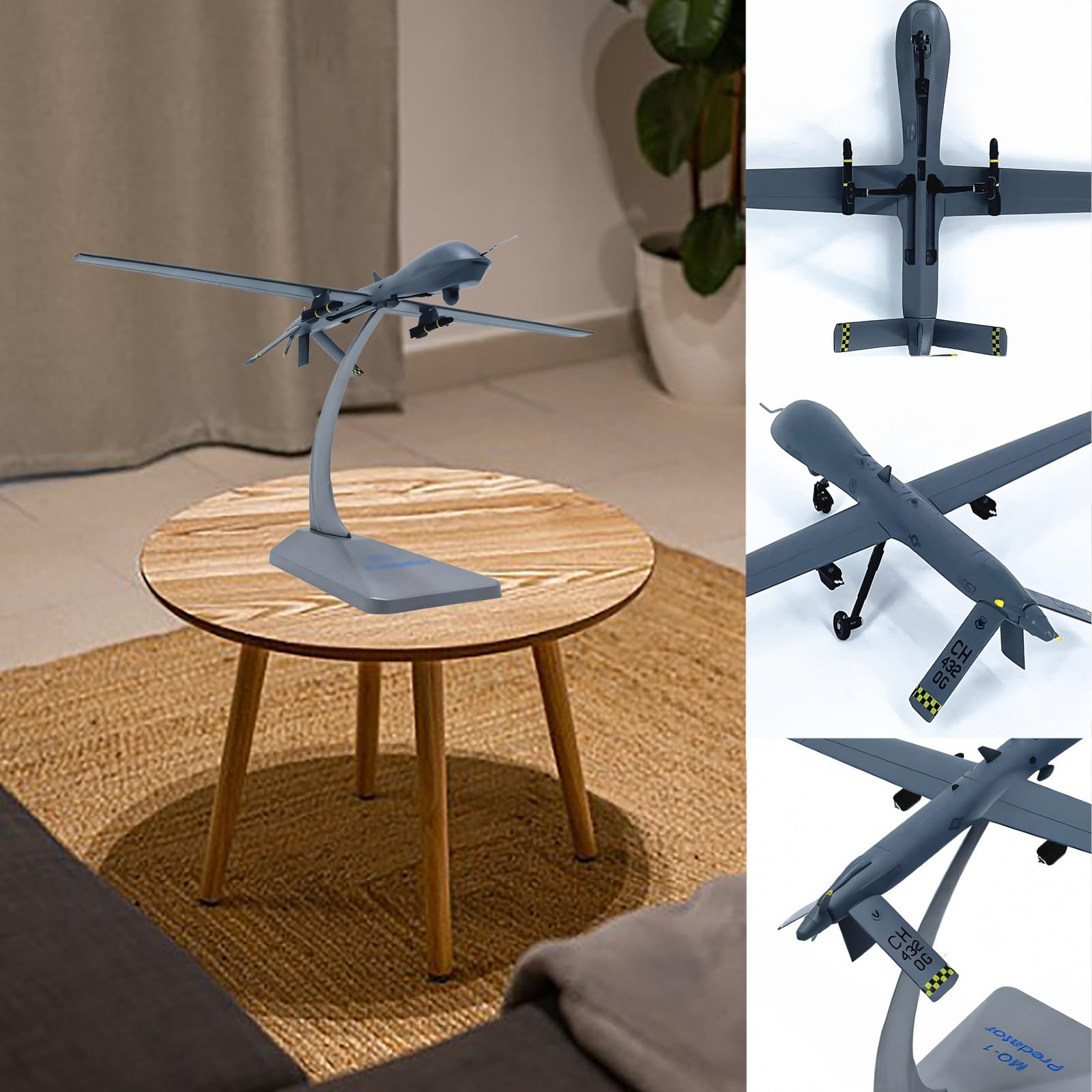 Model wojskowego drona MQ-1 w skali 1:72, odlewany z dużą dbałością o szczegóły, z obrotowymi śmigłami, zdejmowaną podstawką na broń, kolekcjonerski prezent dla entuzjastów wojskowości