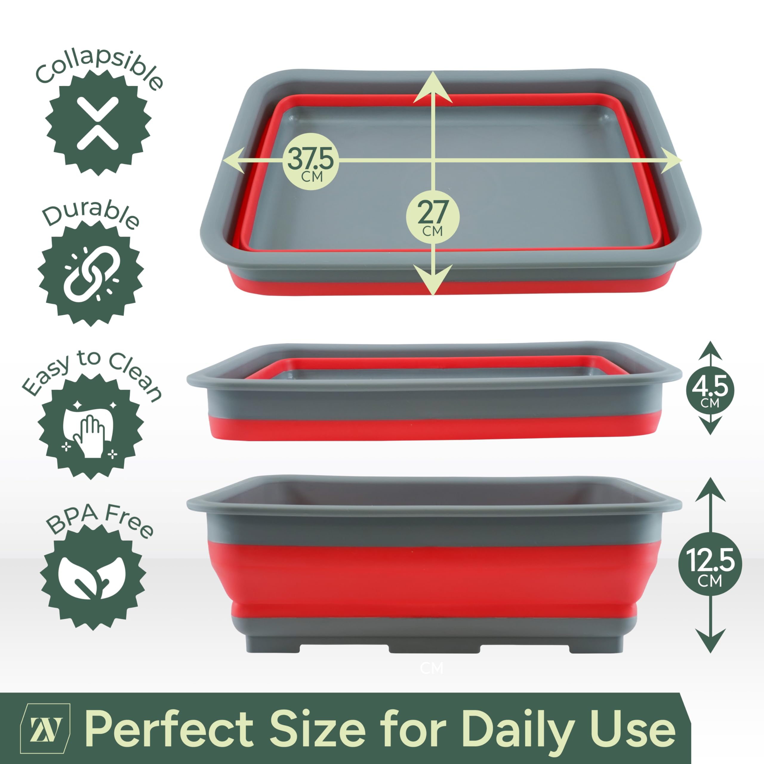 Zuvo Bassine Pliable 10L – Bassine de Vaisselle Pliable et Portable – Récipient Rectangulaire Gain de Place pour Cuisine, Camping, Caravaning & Extérieur – Rouge et Gris