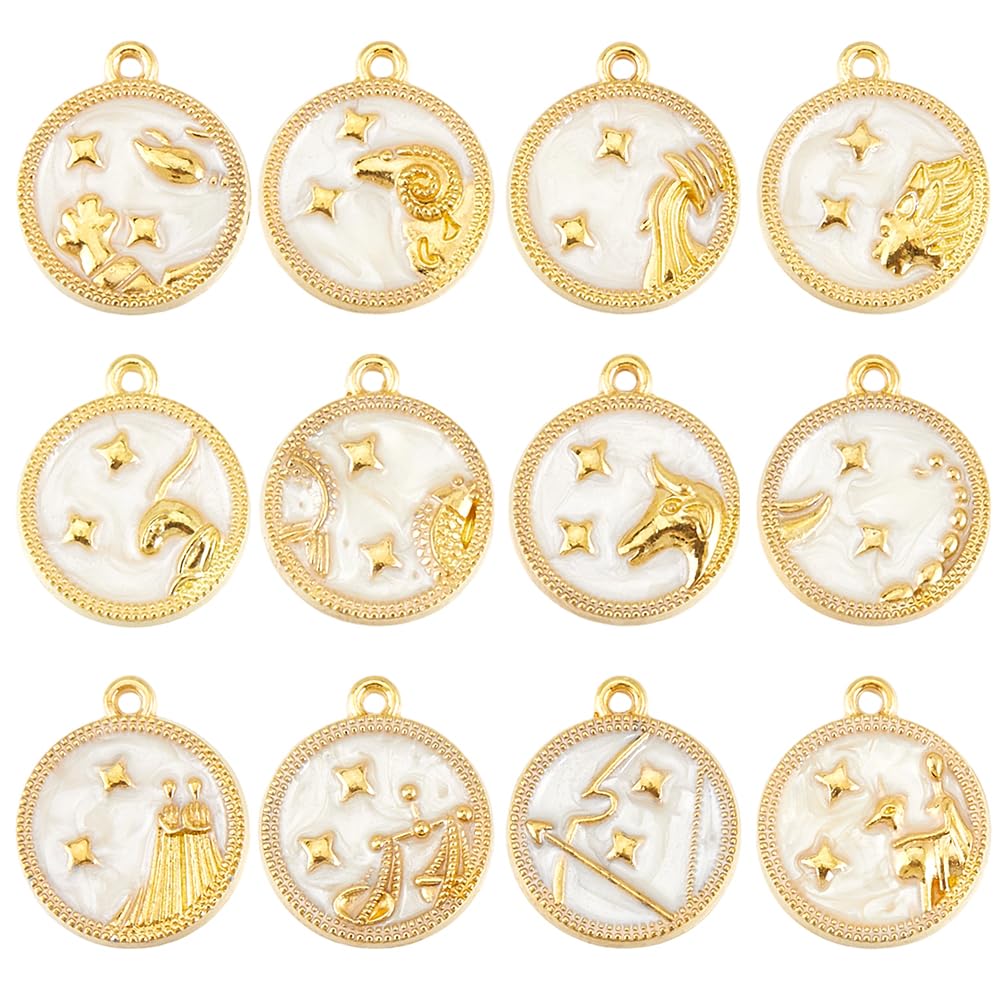 SUNNYCLUE 1 Box 24Pcs 12 Styles Constellation Charms Gold Zodiac Sign Charm Alloy Enamel Flat Round Star Twelve Constellations Astrological Pendants for Jewellery Making Necklace Bracelet Earring