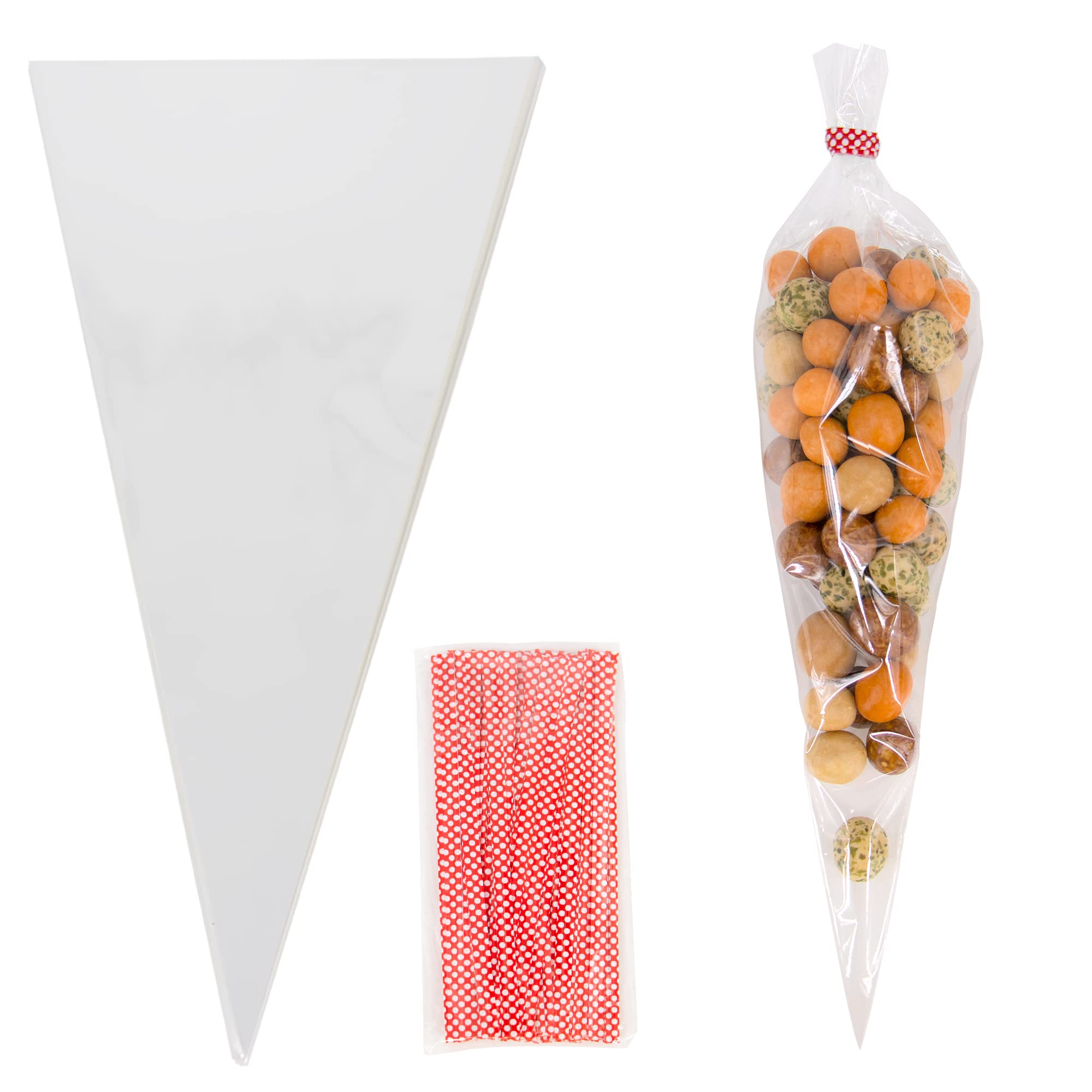 Time to Sparkle 1000PCS Sweet Cone Bags Clear Cellophane Party Candy Popcorn Treat Bags Plastic with 1000PCS Twist Ties for Halloween Xmas Gifts Wrapping Christmas Kids Birthday - DOT Red 25 * 13cm