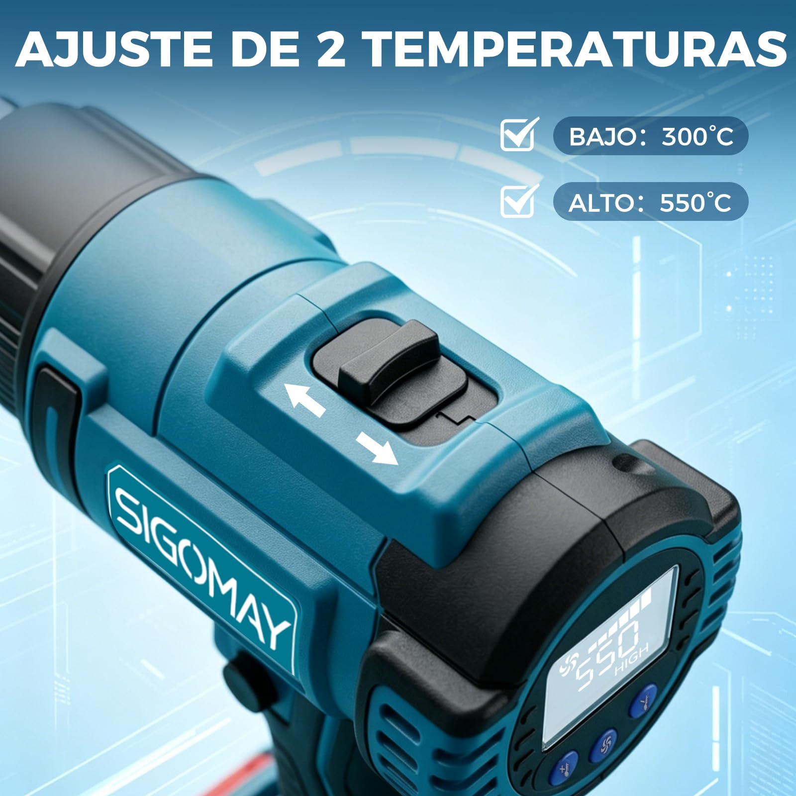 Decapador Térmico a Batería 18V con Batería 5.0Ah y Cargador Rápido | Pistola de Aire Caliente Compatible con Makita LXT, Pantalla LCD (Ajuste Rápido), 50-550°C, 6 Velocidades, 7 Accesorios