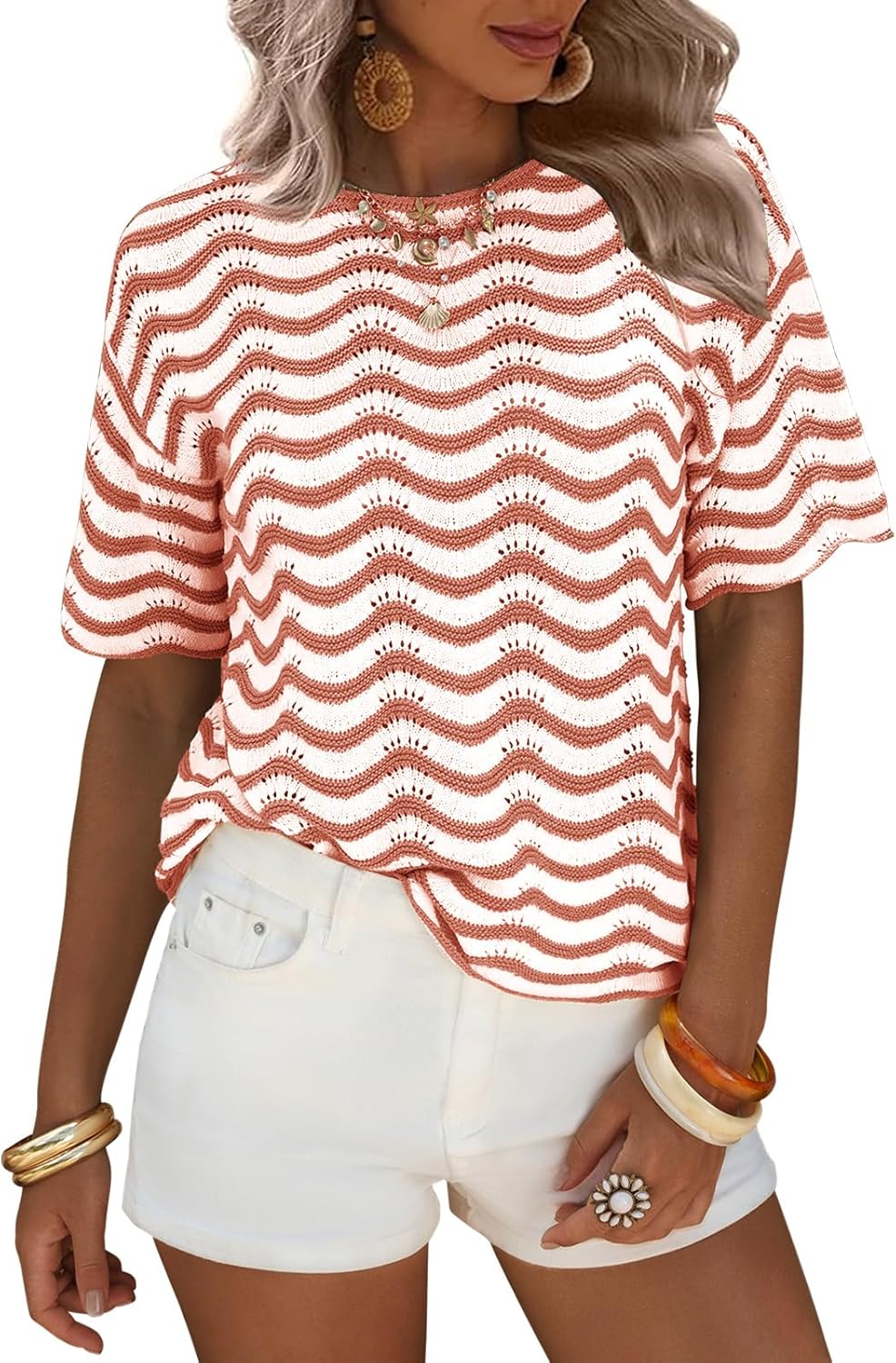 EXLURA Womens Summer Coverup Boho Tops Short Sleeve Crochet Knit Sweater Casual Striped Beach Vacation Cruise Outfits 2026