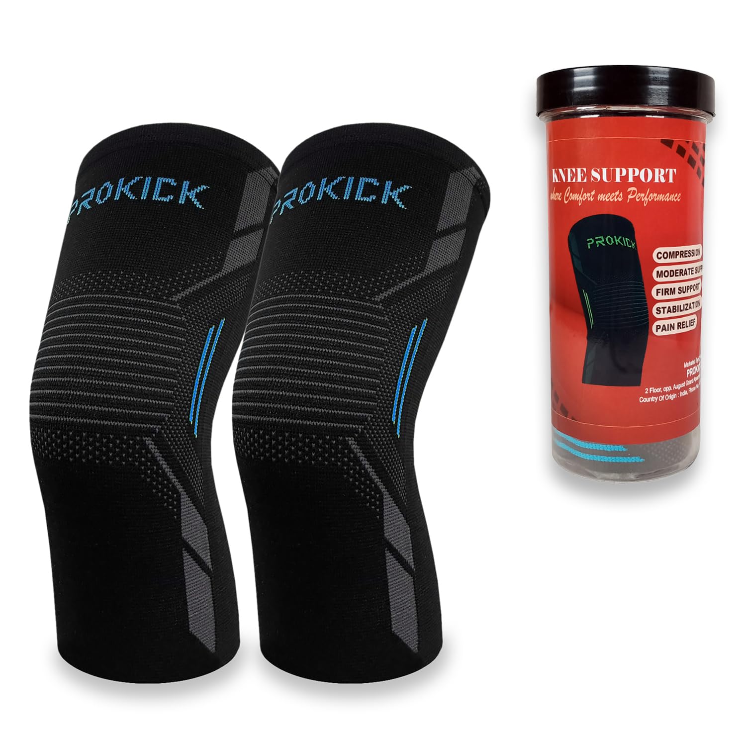 Prokick Powerflex Compression Knee Support | Stretchable Knee Cap Support for Sports & GYM | Suitable for Both Men and Women, Black/Blue - Medium