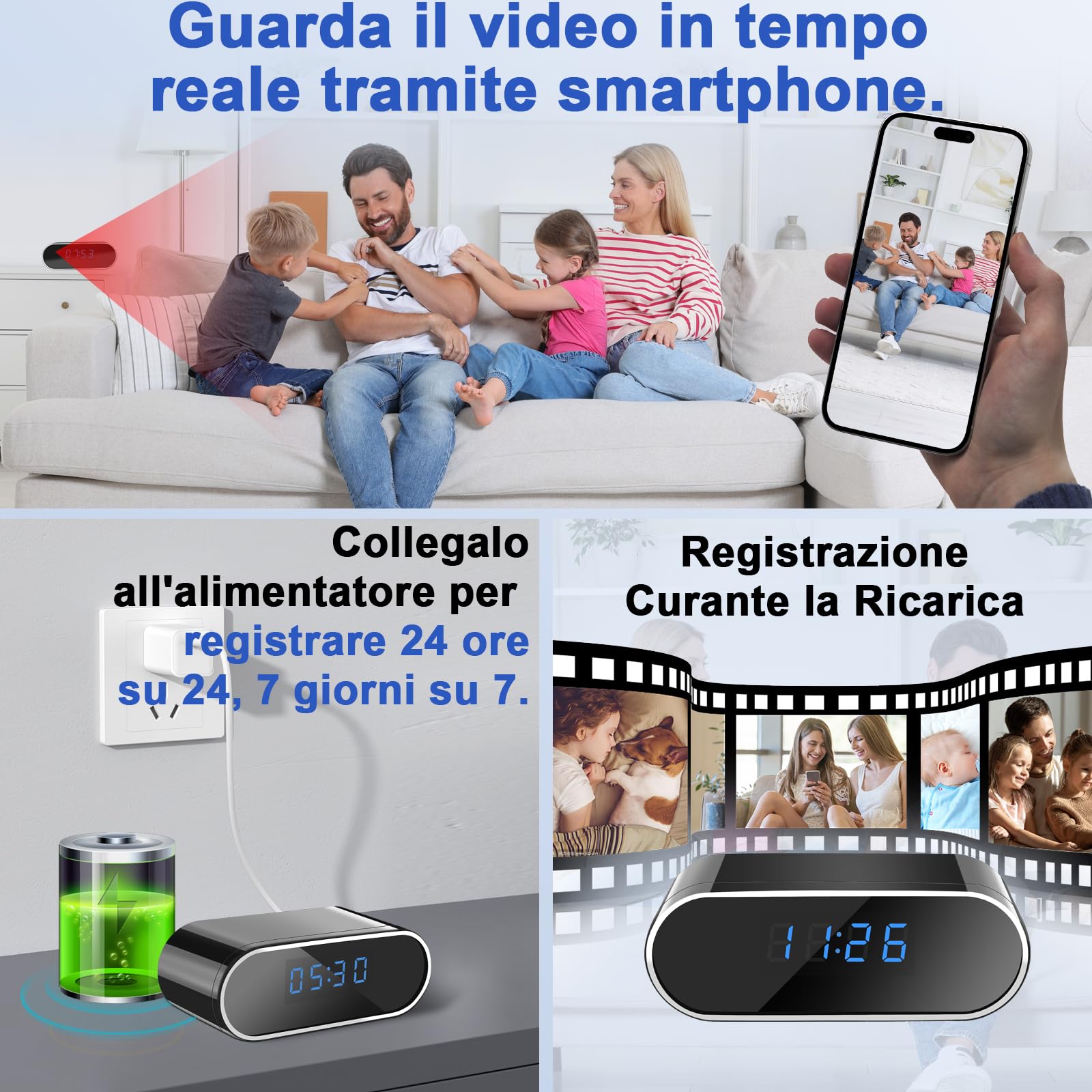 Telecamera Spia WiFi 5G, Mini Telecamera Nascosta WiFi, Telecamera Spia | Telecamera Nascosta 2 in 1 con Orologio, WiFi 2,4 e 5G, Visualizzazione Tramite APP per la Sicurezza Domestica