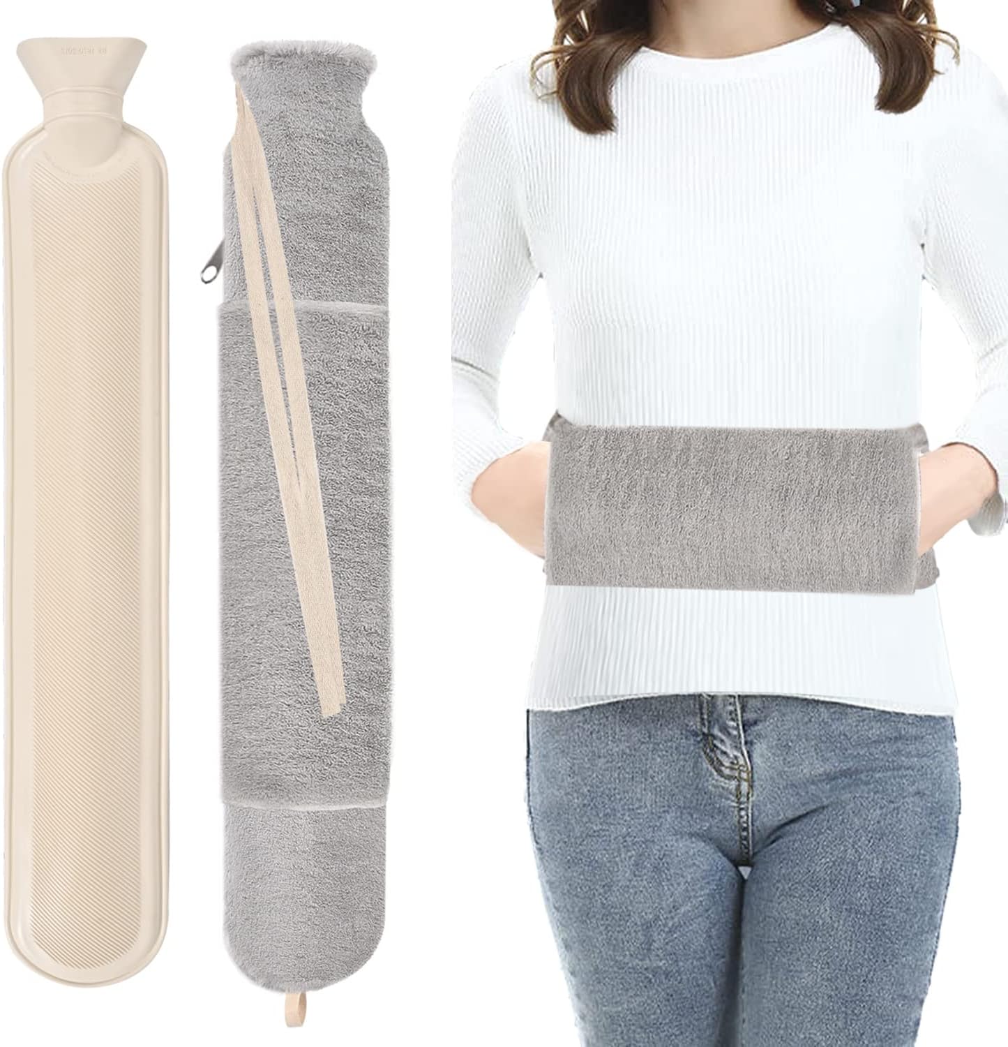 Hot Water Bottle - Long Hot Water Bottle with Cover,2L Large Rubber Hot Water Bottles with Hands Pocket & Zipper, Extra Big Wearable Body Hot Water Bag with Strap for Relief Pain,Winter Gift for Women