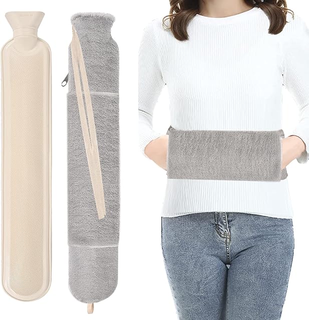 Long Hot Water Bottle with Hand Pocket Cover, 2L Large Rubber Hot Water Bottles with Zipper Cover Easy Take on/Off, Extra Big Wearable Body Grey Hot Water Bag with Strap for Relief Pain Waist Neck