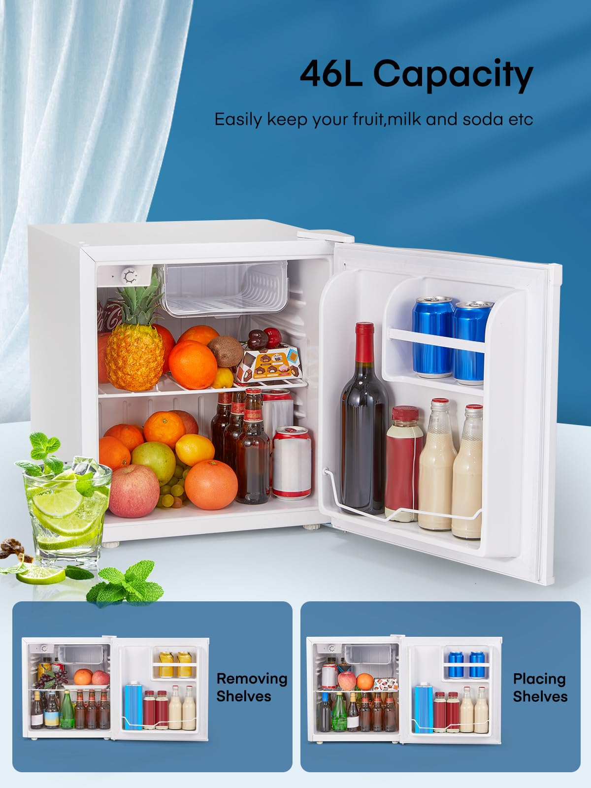 FOHERE Mini Frigo, 46 Litri, Frigorifero Hotel, Ufficio, Casa, Classe Energetica E, Silenzioso, Libera Installazione, Compatto, Termostato Regolabile, Porta Reversibile, Bianco