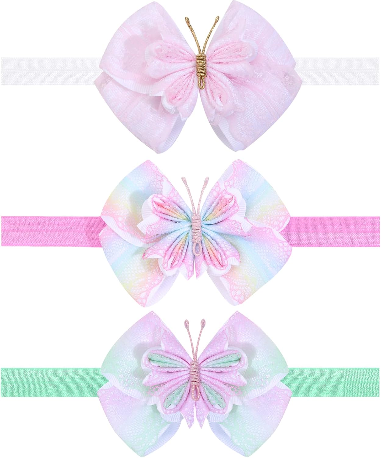 Baby Girls Nylon Headbands Newborn Bows, 3PCS Colorful Butterfly Baby Girl Ribbon Hairbands Wedding Hair Accessories for Baby Girls Newborn Infants Toddlers