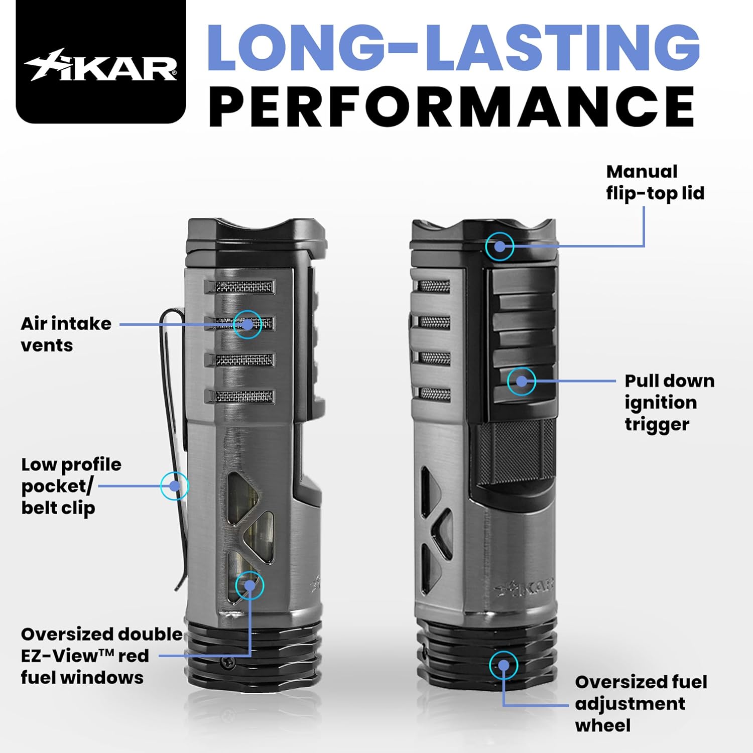 XIKAR Tactical Single-Jet Lighter, Gunmetal and Black - Powerful Flame, Rugged Design with Rest Feature, Pocket Clip, EZ-View Fuel Window, and Adjustable Flame Height - Ideal for Outdoor Use