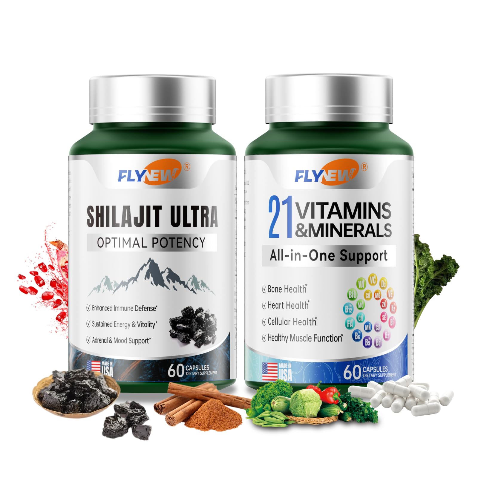 Shilajit & Multivitamin for Women Men, Himalayan Shilajit & 21 Vitamins and Minerals Supplement for Bone, Skin & Immune Health Support, Extra Power, Stamina, 60 Capsules Per Bottle, Made in US