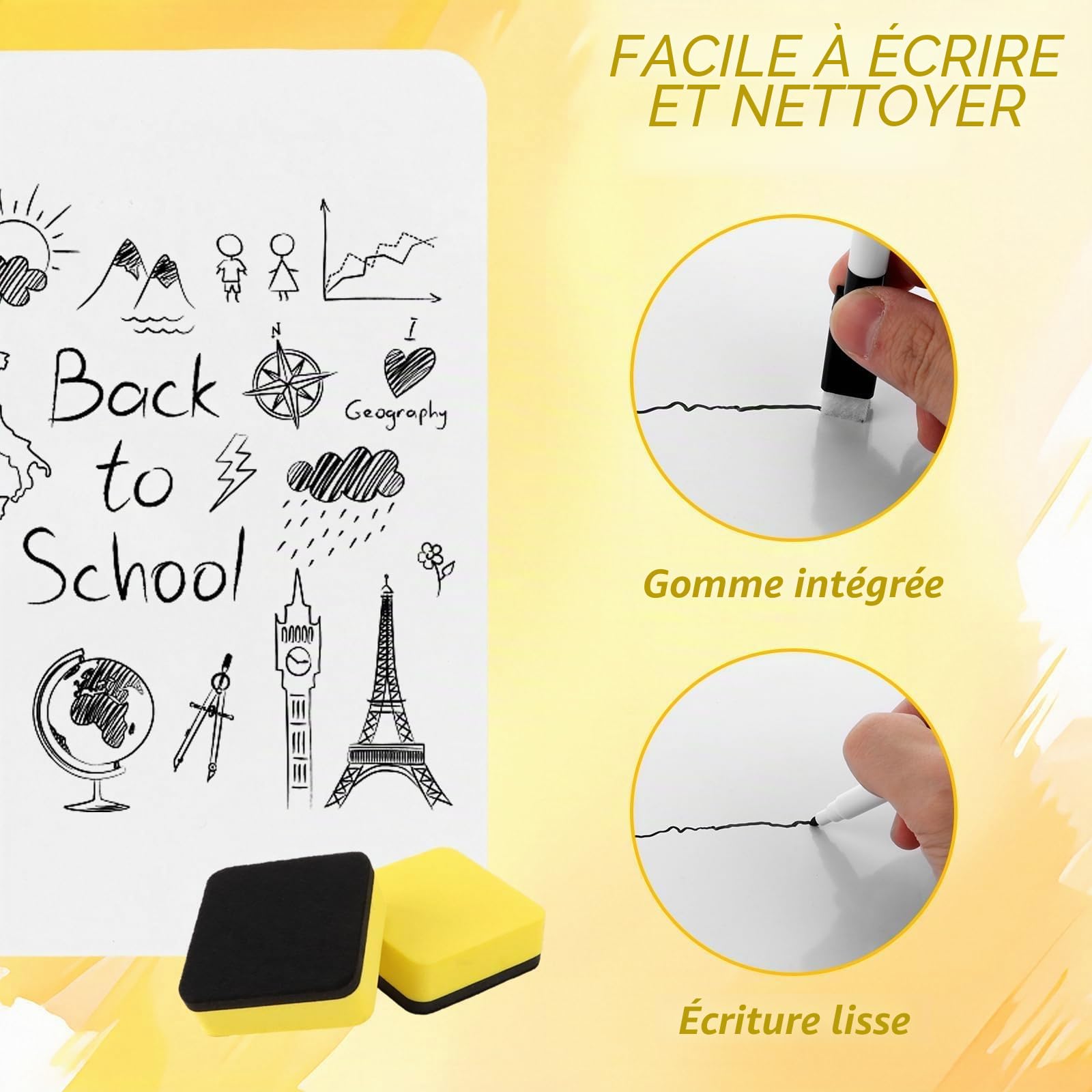 Lot de 10 petits tableaux blancs - 21 x 29,7 cm - Format A4 - Portable - Double face - Avec 12 gommes - Pour salle de classe, maison, bureau