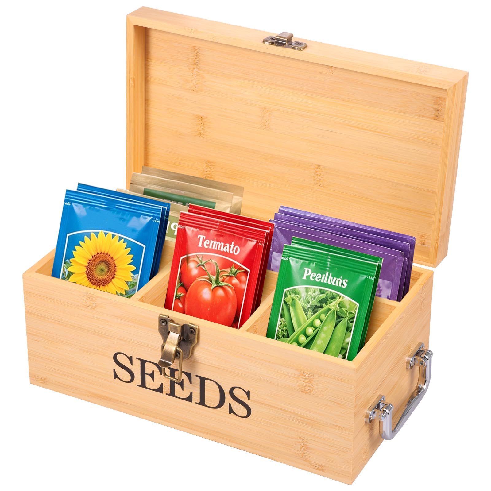 Foppla Bamboo Wood Seed Saving Organizer Box, Large Storage Box with Lid and Safety Lock, Compartments for Garden Seeds, Plant Labels Included, Outdoor Balcony Use, Burlywood(Log color)
